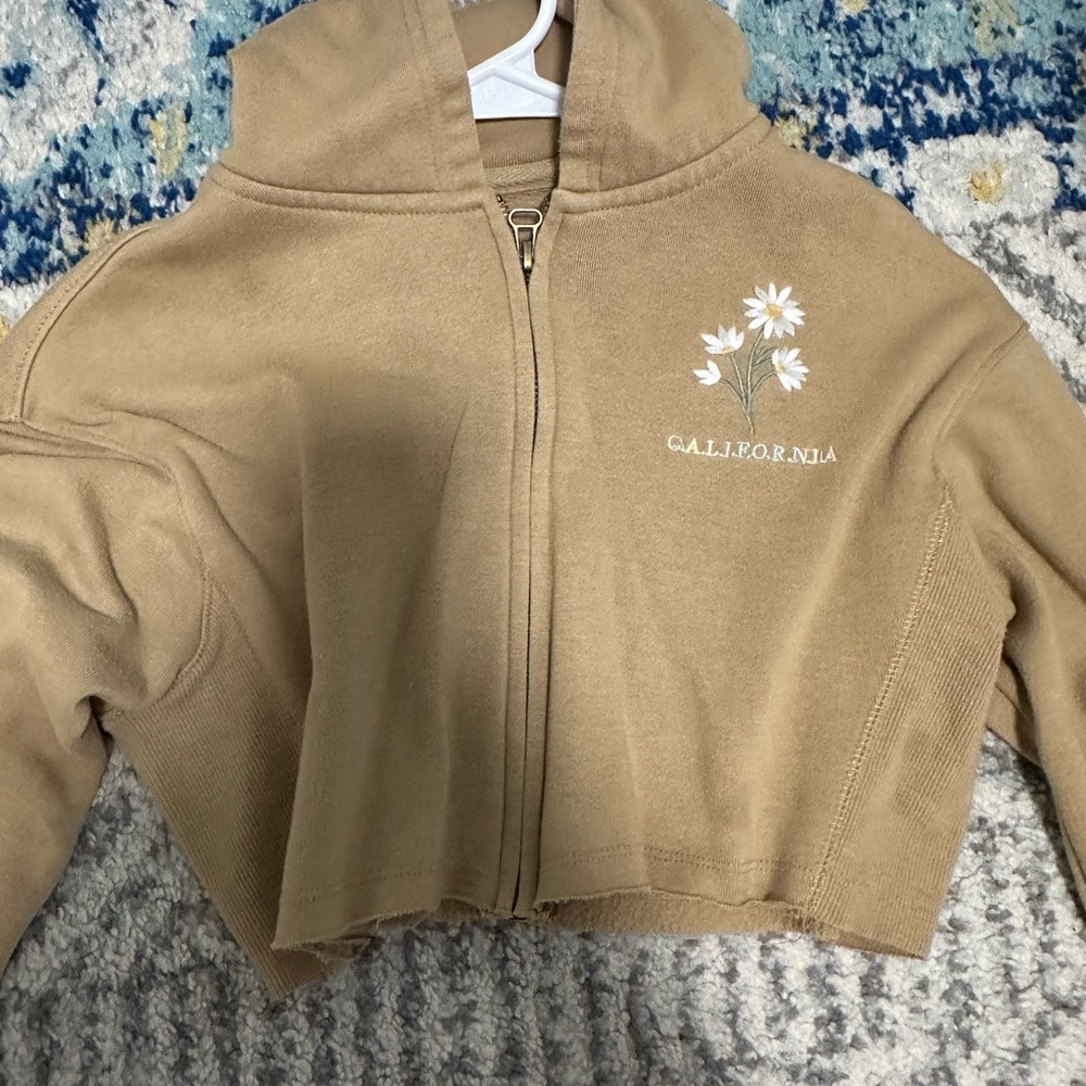 Tan Cropped Hoodie with Floral Design